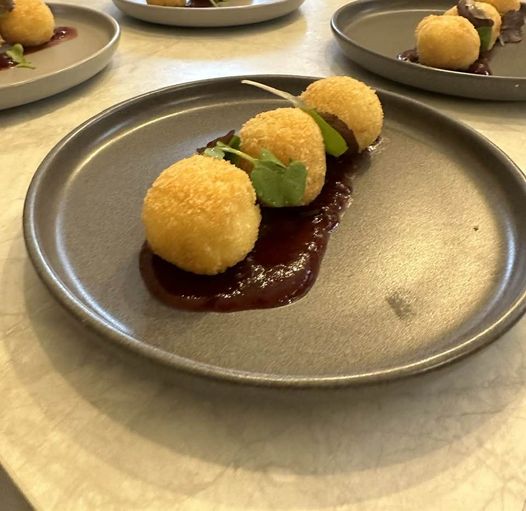 Goats Cheese Croquettes, Blueberry & Beetroot Puree, Micro Herbs (V/Ve